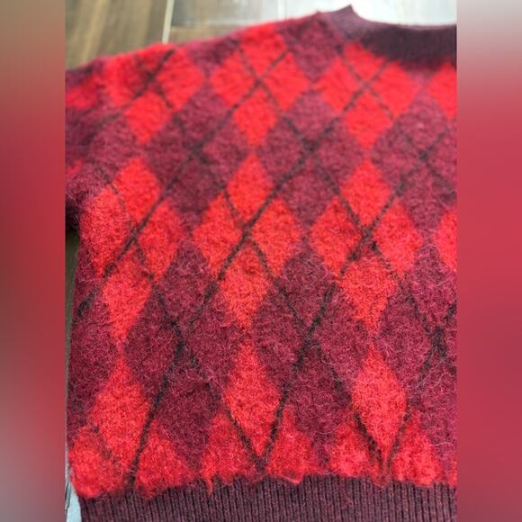 Zara Size S Red Knit Long Sleeve Sweater Chevron Argyle, Ribbed Hem & Cuffs - Picture 2 of 16